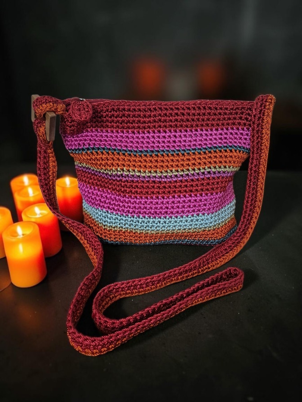 Liz Claiborne Burgundy Multicolor Striped Crochet Crossbody Bag